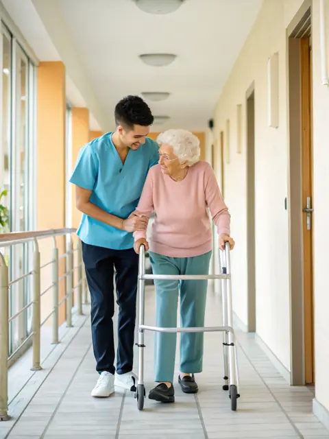 Soignant accompagnant une dame âgée qui marche avec un déambulateur dans un couloir d'établissement