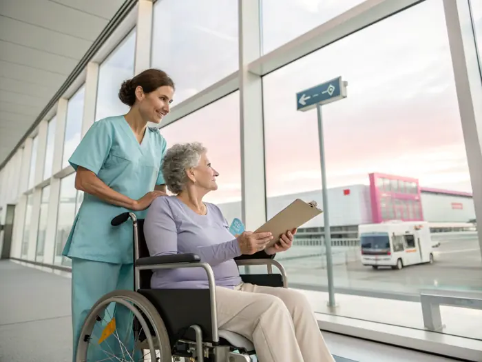 Soignante accompagnant une dame âgée en fauteuil roulant
