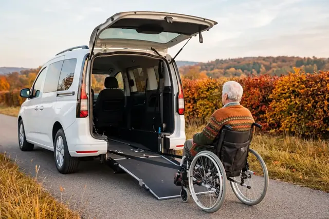 Personne en fauteuil roulant devant un véhicule adapté équipé d'une rampe d'accès